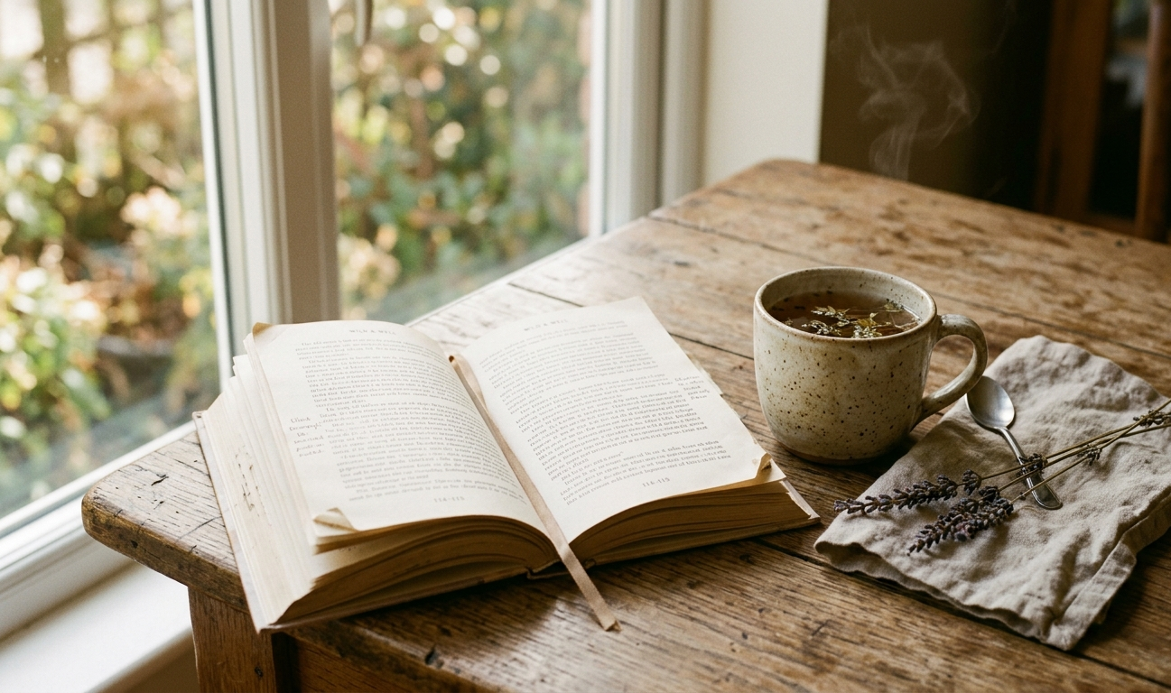 Otvorená kniha a šálka čaju na drevenom stole