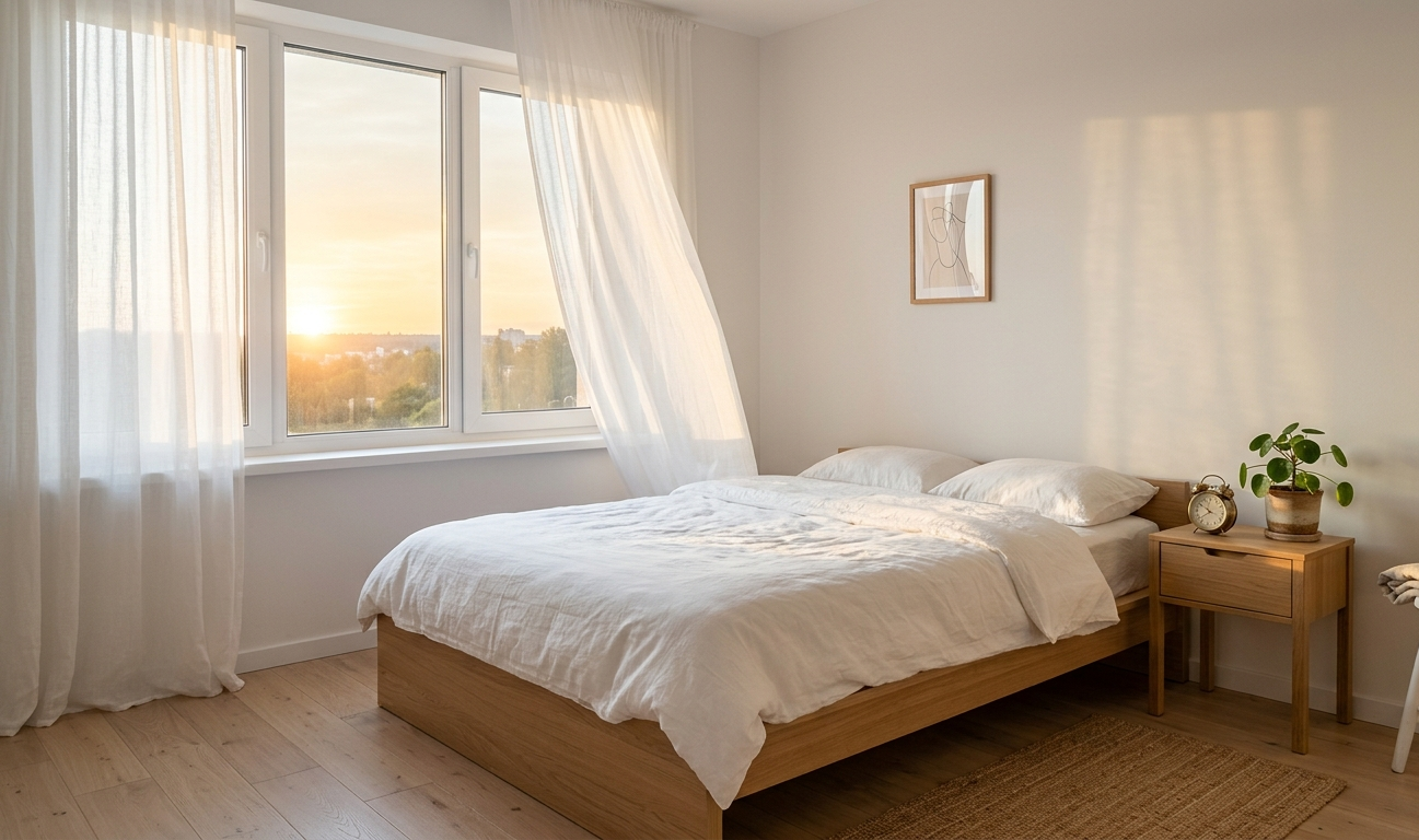 Ranné svetlo prenikajúce cez okno, šálka čaju